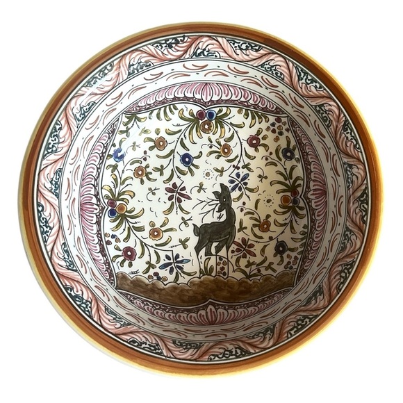 Portugal Hand-Painted Serving Bowl – Deer & Floral Botanical, Signed Soledade - Picture 7 of 7